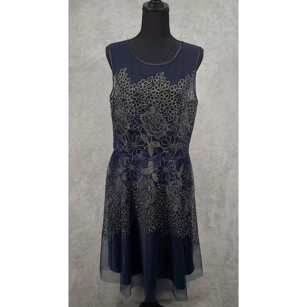 Tahari Arthur S. Levine Navy Metallic Floral Sleeveless Lace Dress‎ Sz 12